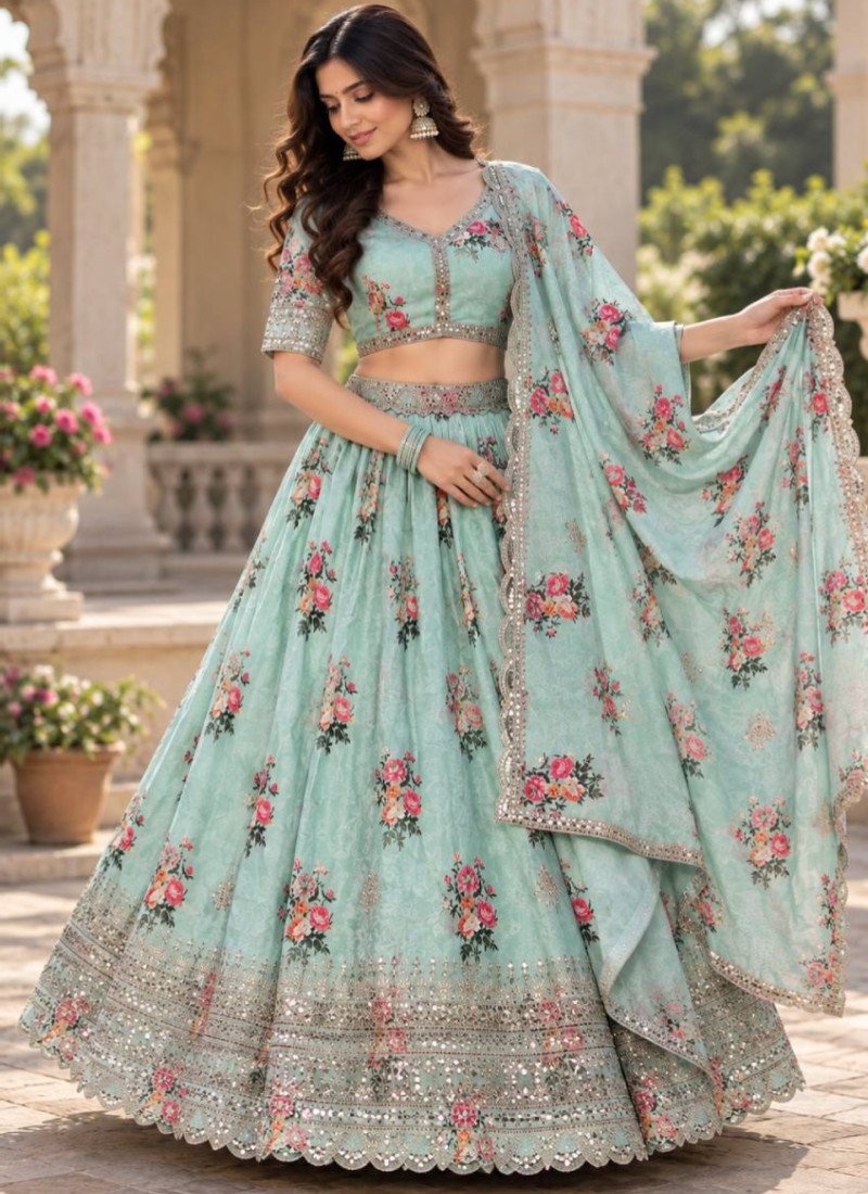 Green Floral Digital Print Georgette Sequence Embroidery Lehenga Choli