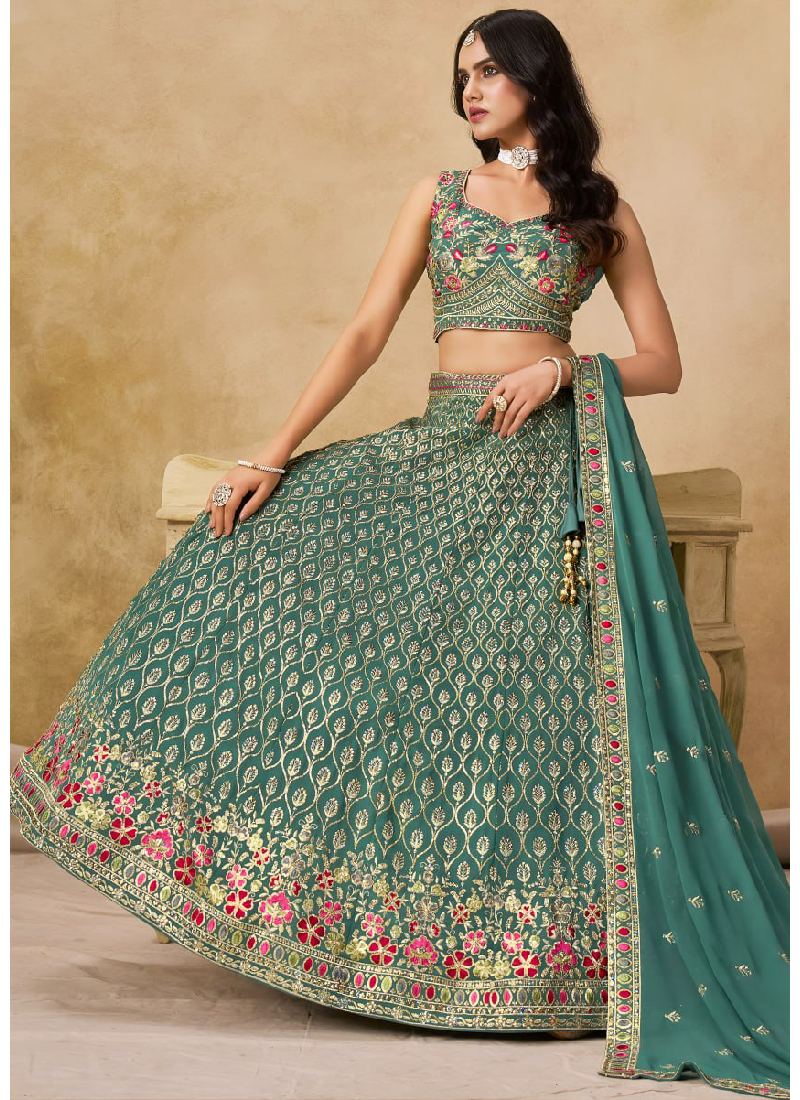 Green Georgette Sequence Embroidered Work Party Wear Lehenga Choli