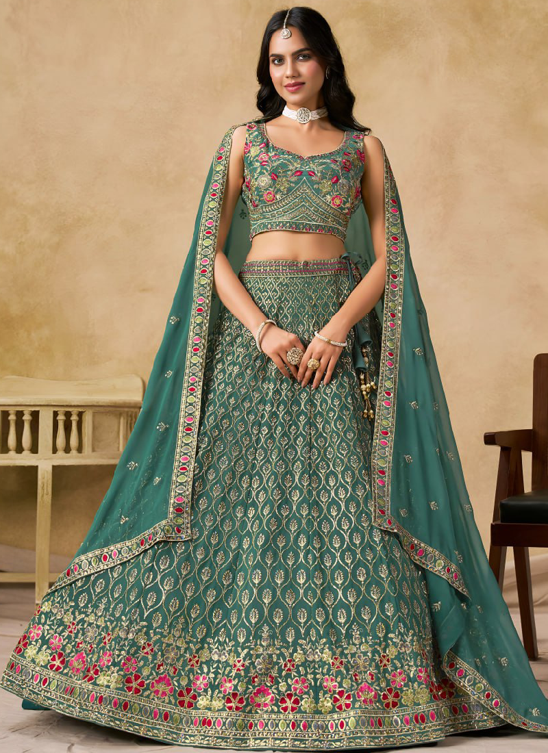 Green Georgette Sequence Embroidered Work Party Wear Lehenga Choli