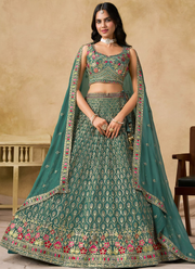 Green Georgette Sequence Embroidered Work Party Wear Lehenga Choli