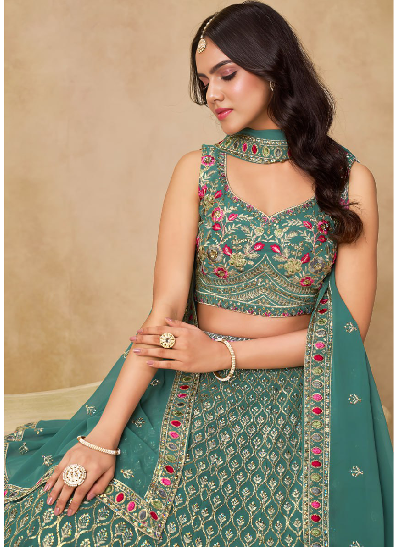 Green Georgette Sequence Embroidered Work Party Wear Lehenga Choli