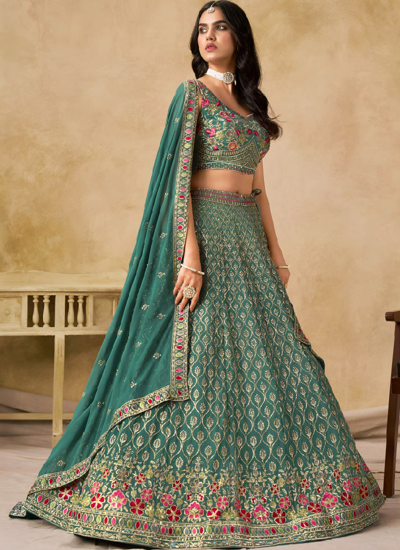 Green Georgette Sequence Embroidered Work Party Wear Lehenga Choli