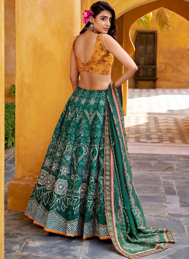 Green Vaishali Silk Printed With Beads Lehenga Choli For Wedding