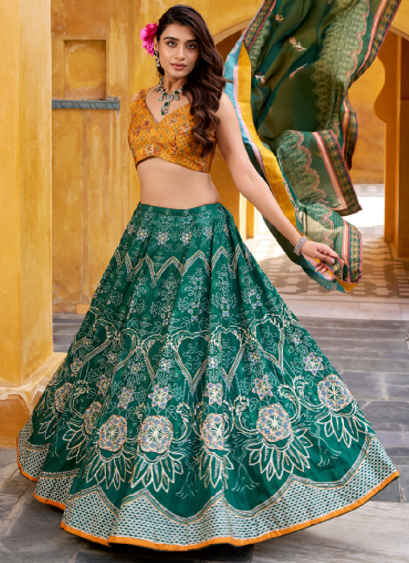 Green Vaishali Silk Printed With Beads Lehenga Choli For Wedding