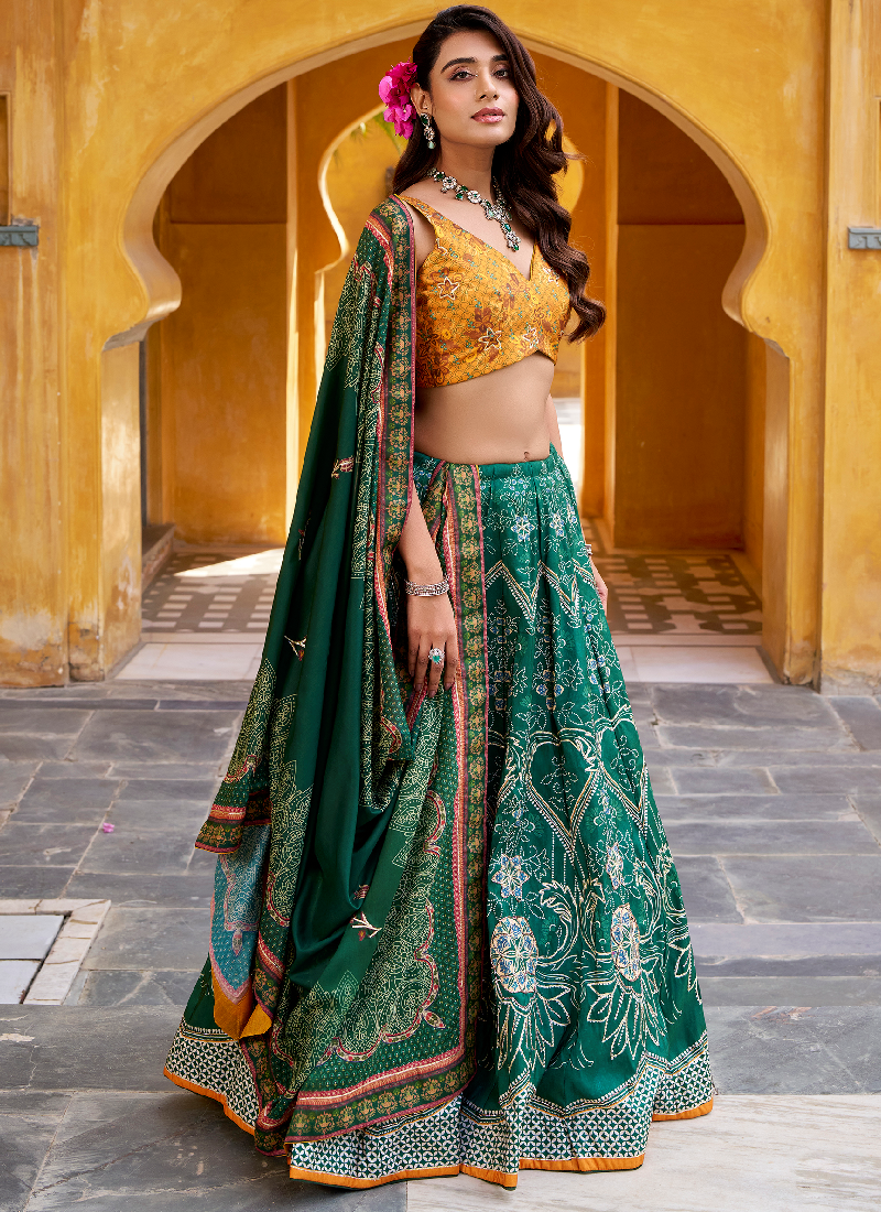 Green Vaishali Silk Printed With Beads Lehenga Choli For Wedding