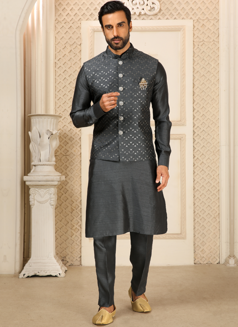 Grey Embroidered Work Silk Indian Mens Wear Koti Kurta Set