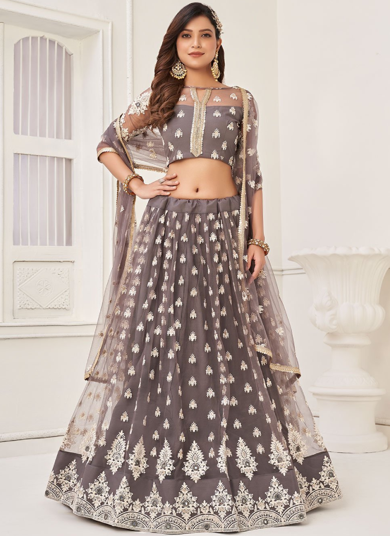 Thrilling Thread Embroidered Grey Lehenga Choli For Reception