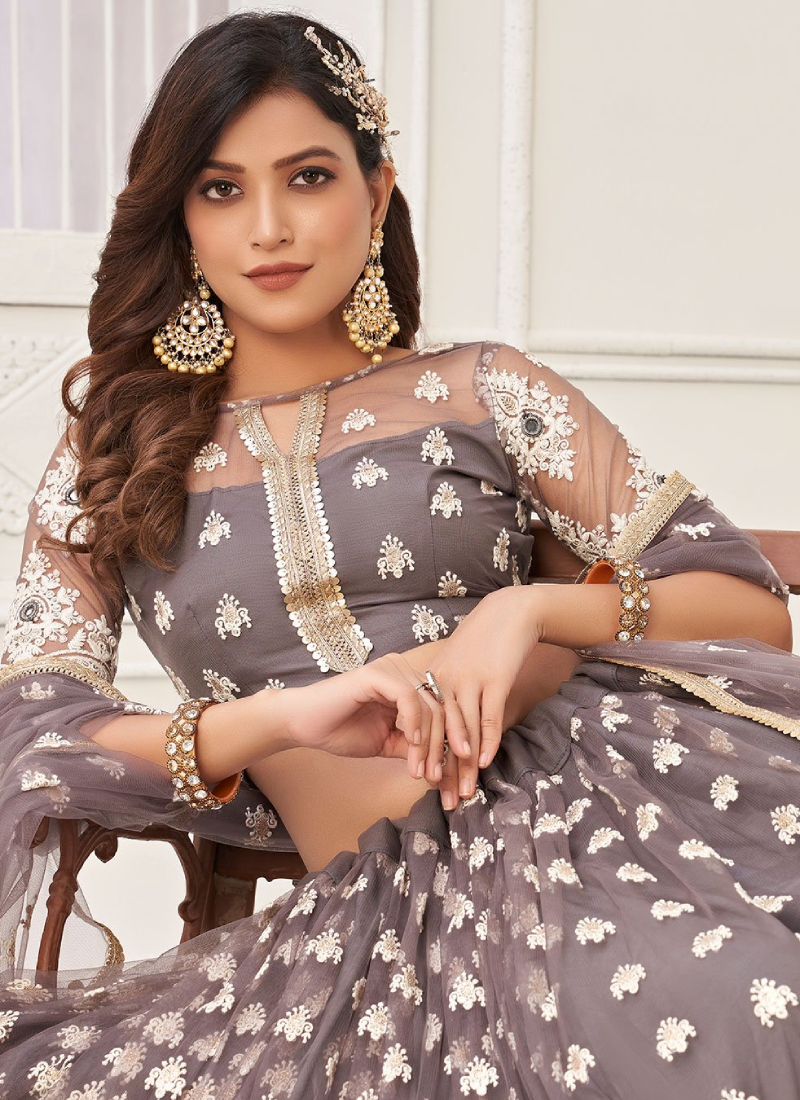 Thrilling Thread Embroidered Grey Lehenga Choli For Reception