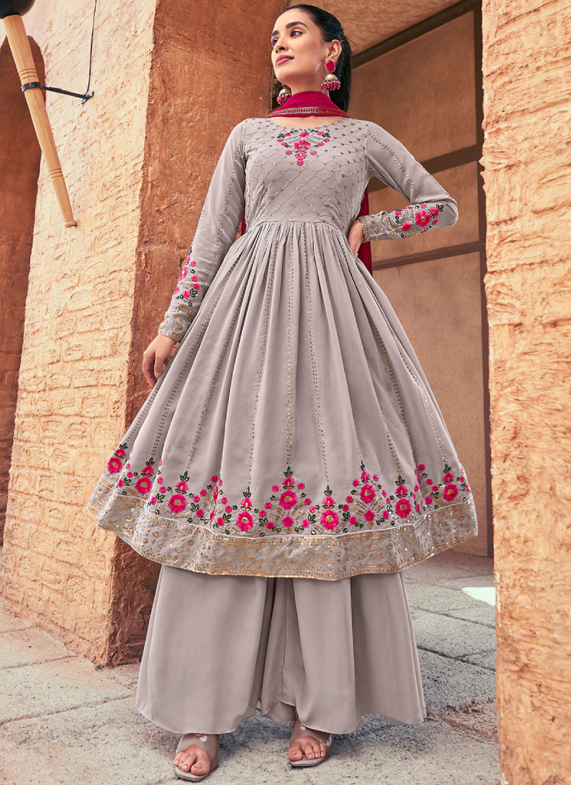 Grey Thread Sequence Work Georgette Traditional Palazzo Suit