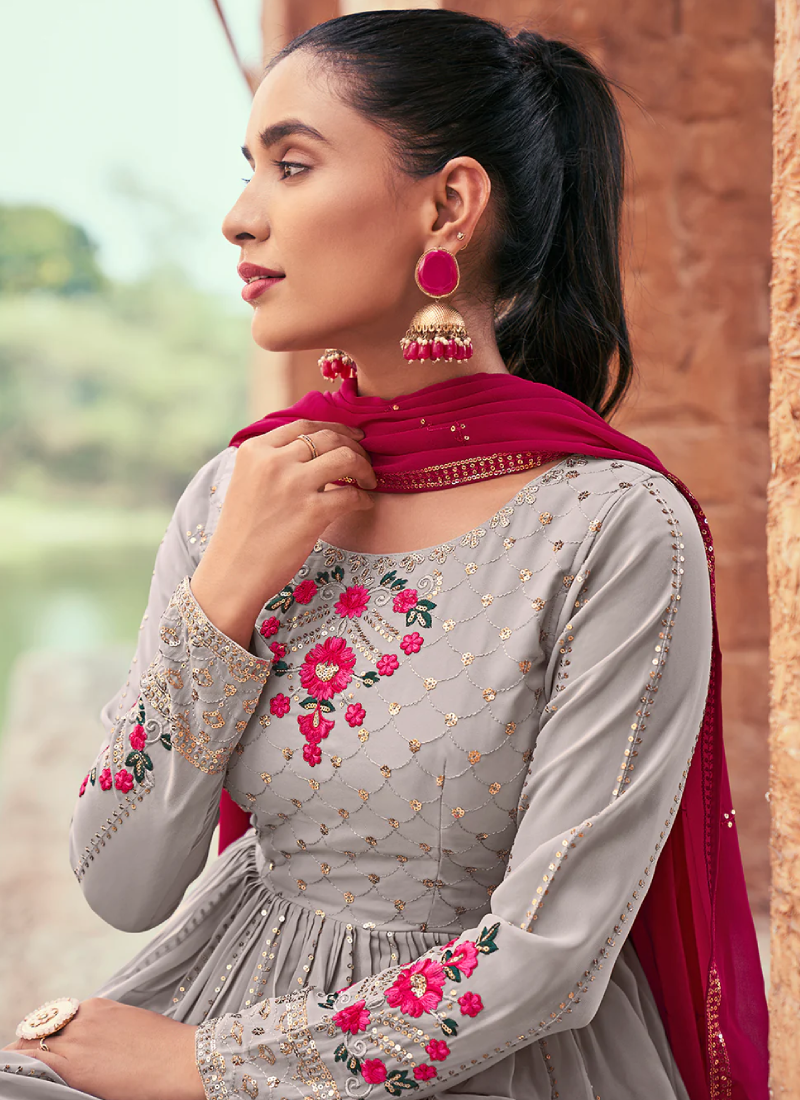 Grey Thread Sequence Work Georgette Traditional Palazzo Suit