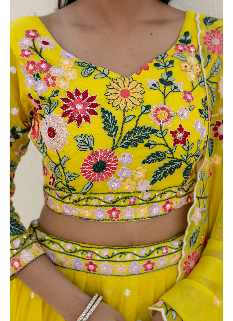 Haldi Special Yellow Floral Thread Embroidered Work Organza Lehenga