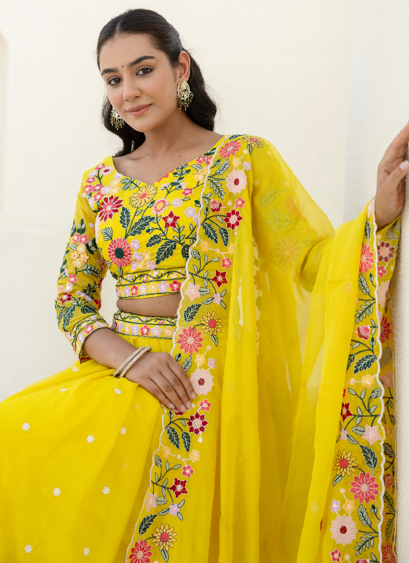 Haldi Special Yellow Floral Thread Embroidered Work Organza Lehenga