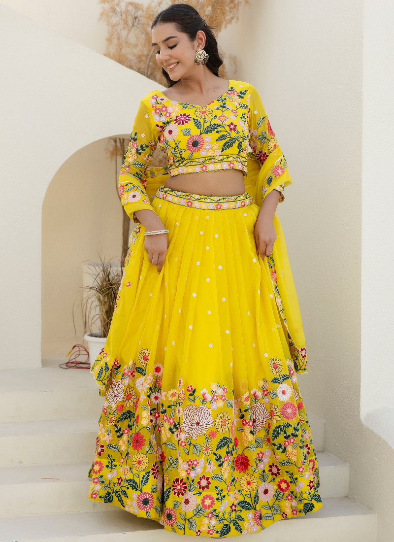 Haldi Special Yellow Floral Thread Embroidered Work Organza Lehenga