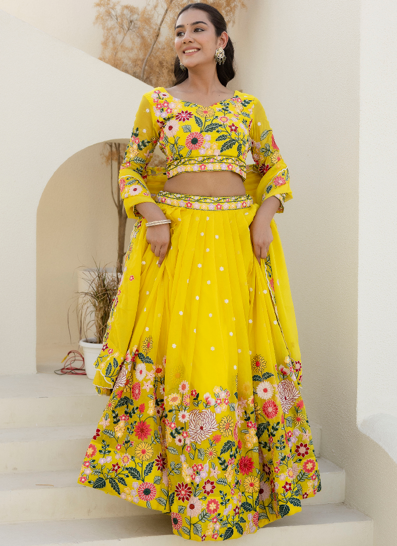 Haldi Special Yellow Floral Thread Embroidered Work Organza Lehenga