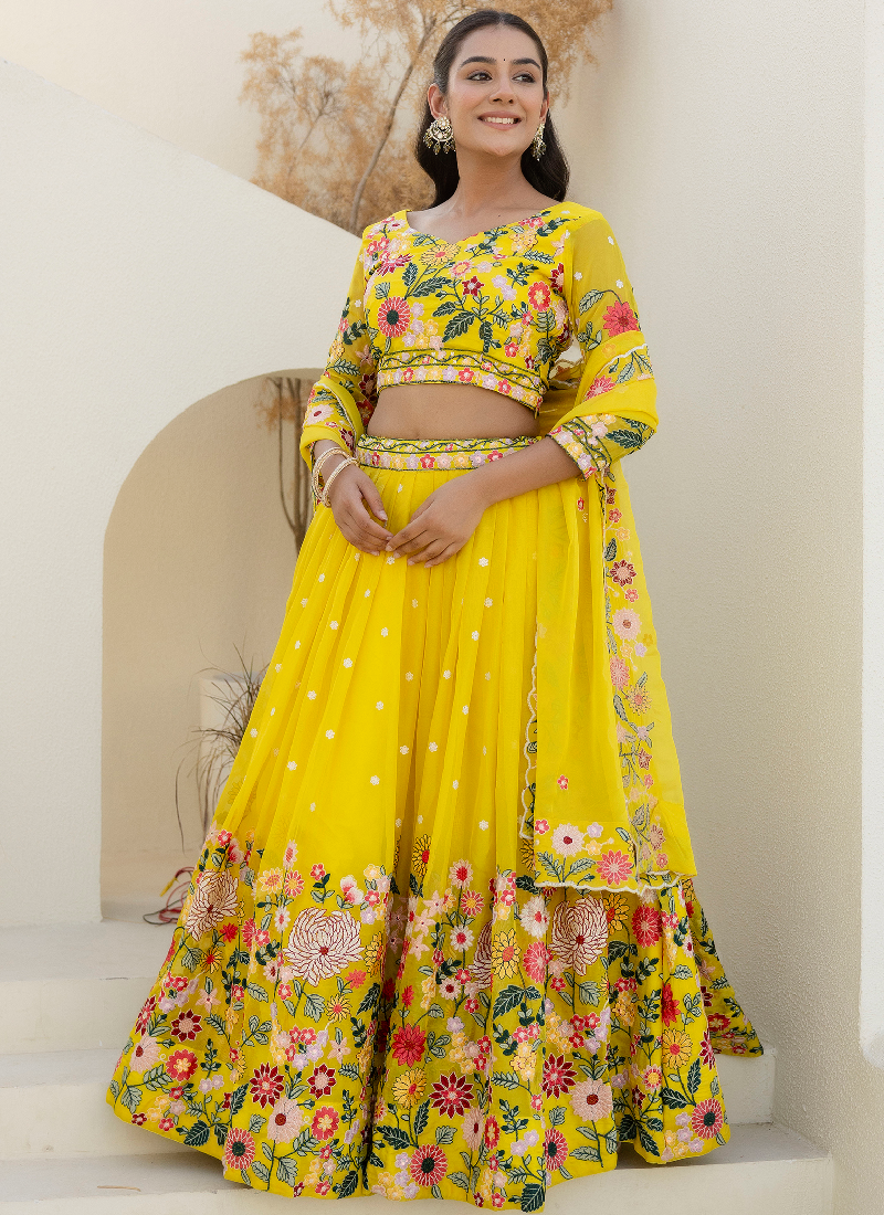 Haldi Special Yellow Floral Thread Embroidered Work Organza Lehenga