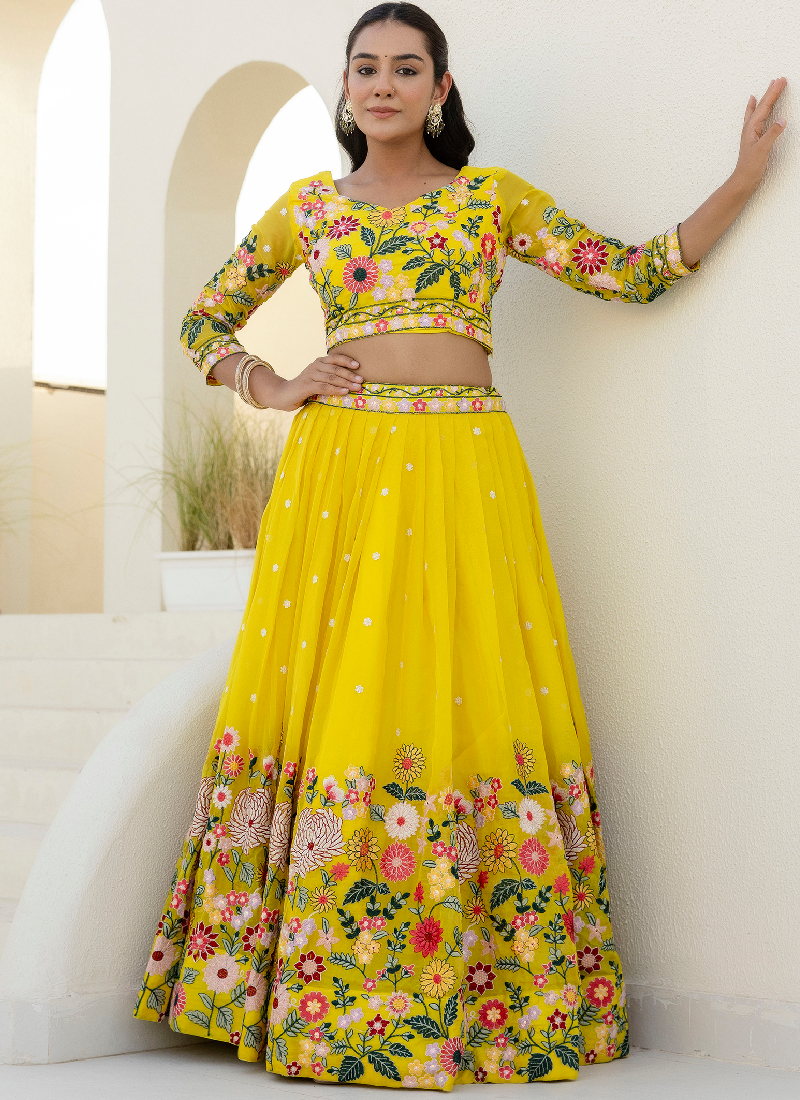 Haldi Special Yellow Floral Thread Embroidered Work Organza Lehenga