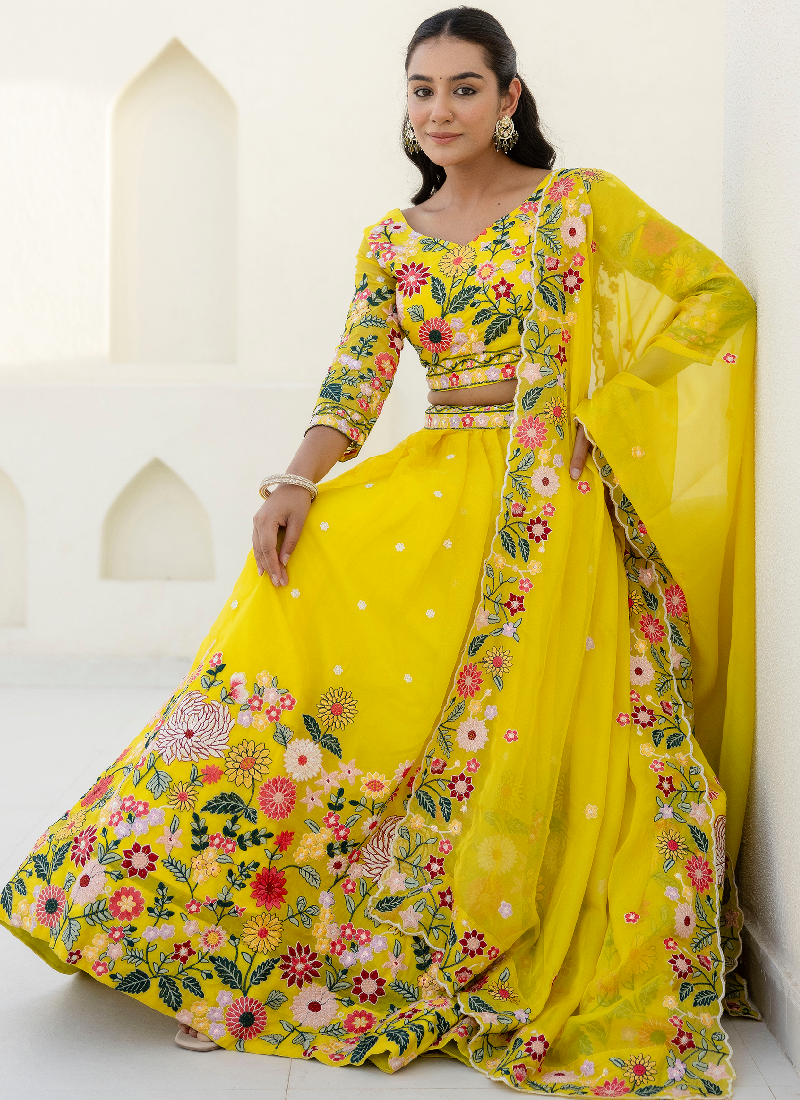 Haldi Special Yellow Floral Thread Embroidered Work Organza Lehenga