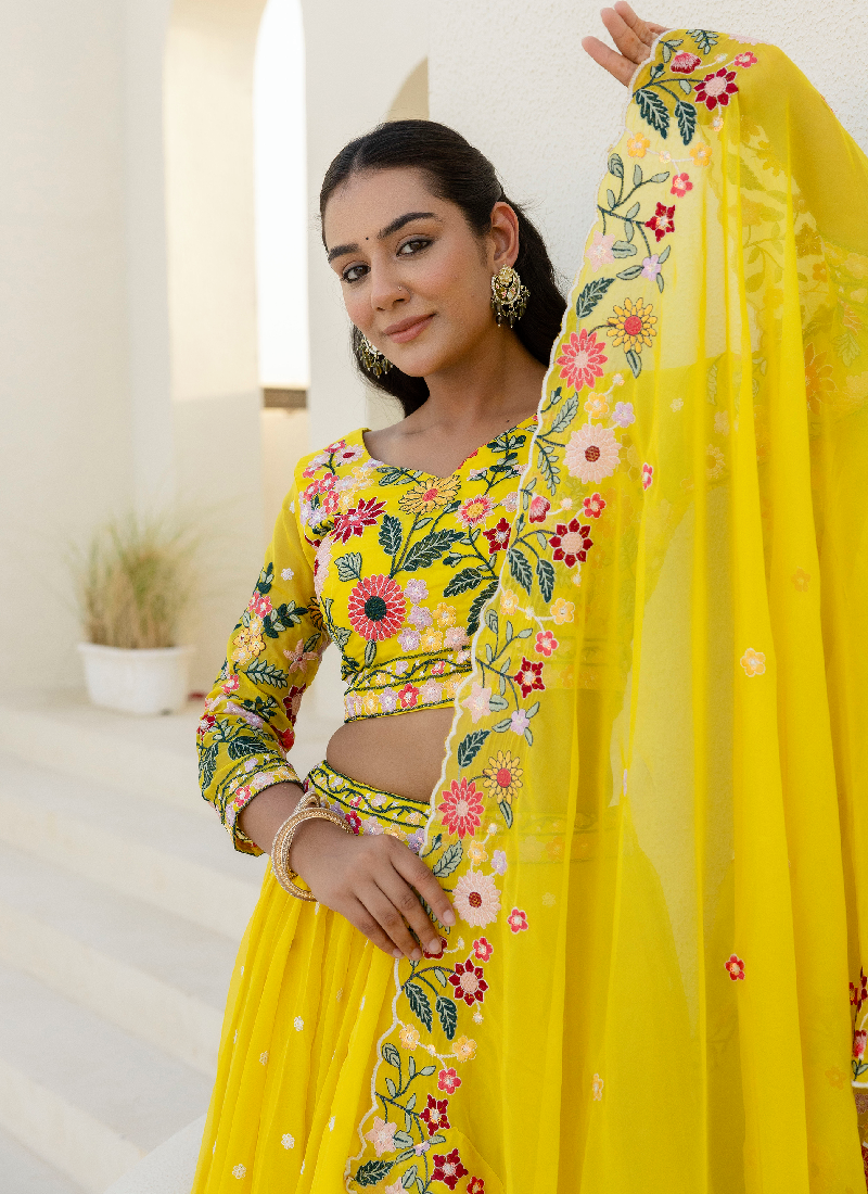 Haldi Special Yellow Floral Thread Embroidered Work Organza Lehenga