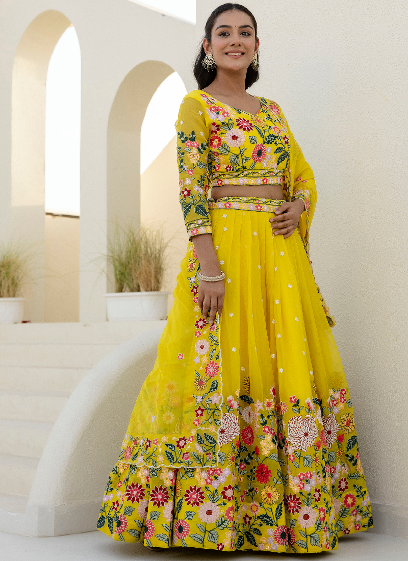 Haldi Special Yellow Floral Thread Embroidered Work Organza Lehenga