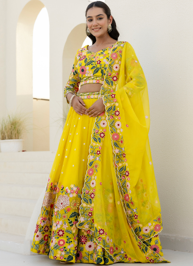 Haldi Special Yellow Floral Thread Embroidered Work Organza Lehenga