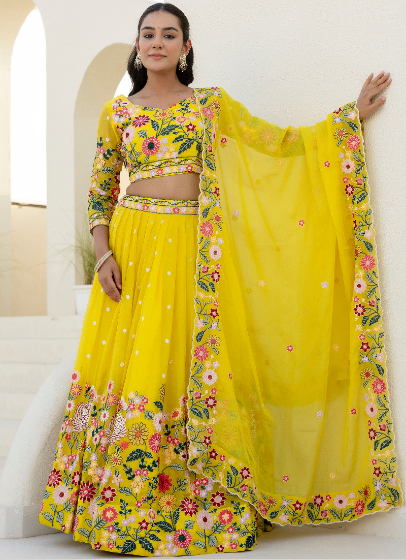 Haldi Special Yellow Floral Thread Embroidered Work Organza Lehenga