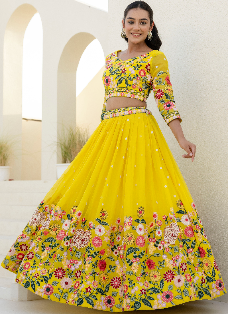 Haldi Special Yellow Floral Thread Embroidered Work Organza Lehenga