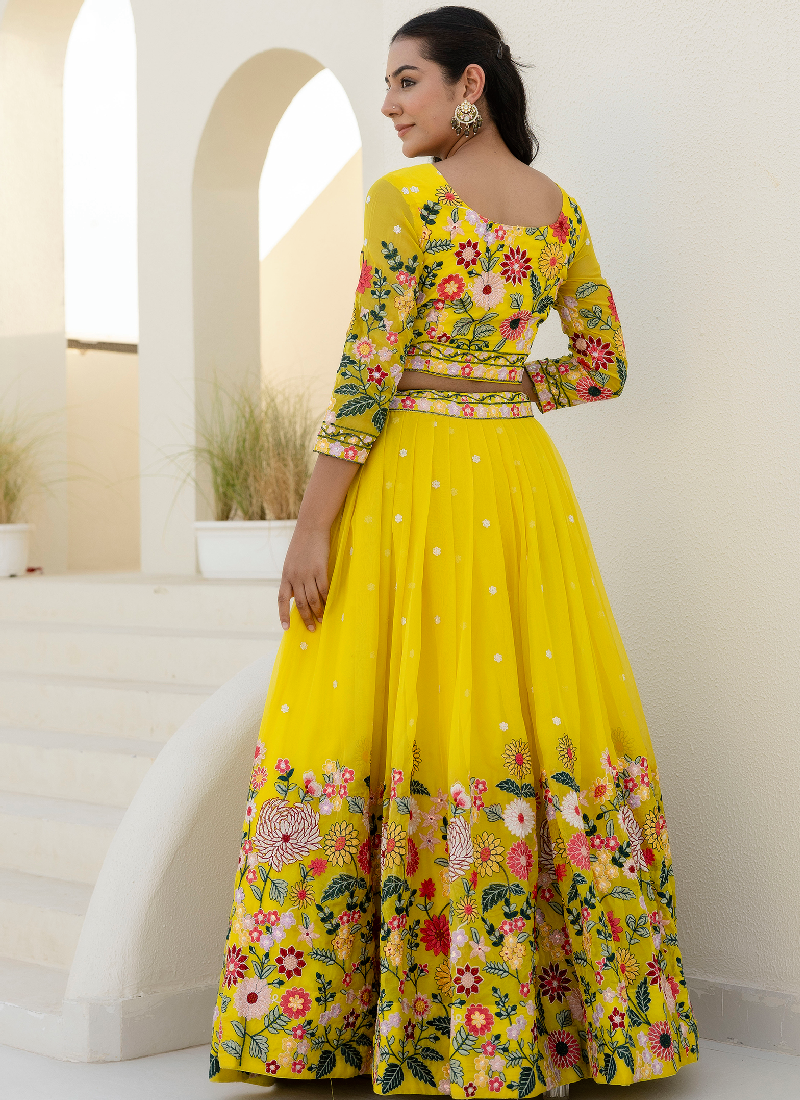 Haldi Special Yellow Floral Thread Embroidered Work Organza Lehenga
