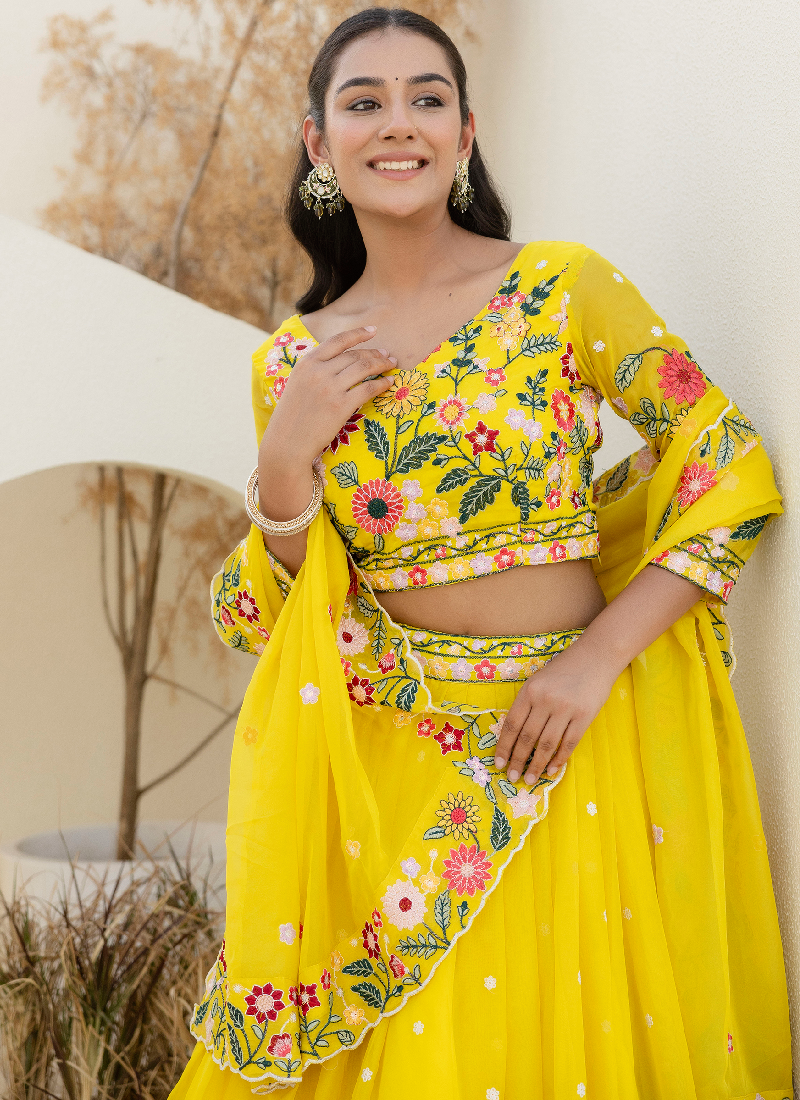 Haldi Special Yellow Floral Thread Embroidered Work Organza Lehenga