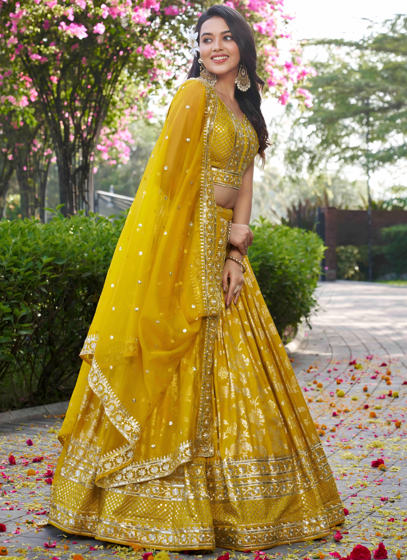 Haldi Special Zari Weaving Embroidery Jacquard Yellow Lehenga Choli