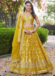 Haldi Special Zari Weaving Embroidery Jacquard Yellow Lehenga Choli
