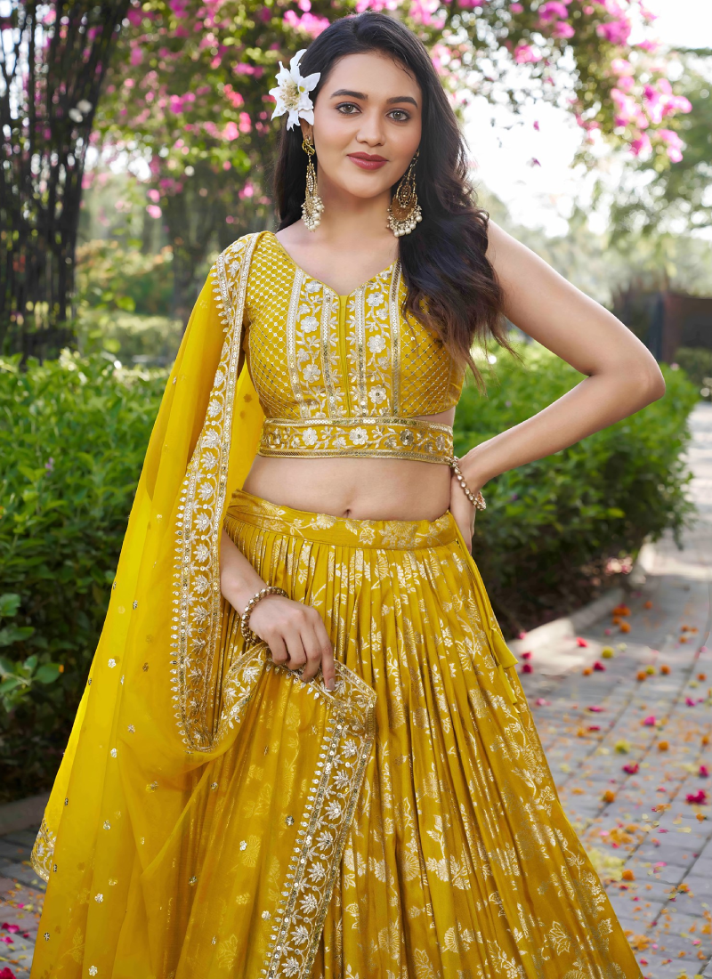 Haldi Special Zari Weaving Embroidery Jacquard Yellow Lehenga Choli