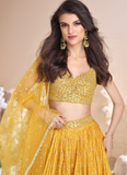Haldi Special Jacquard Silk Bandhani Printed Yellow Lehenga Choli