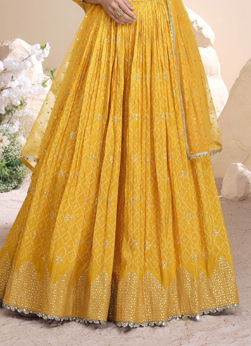 Haldi Special Jacquard Silk Bandhani Printed Yellow Lehenga Choli