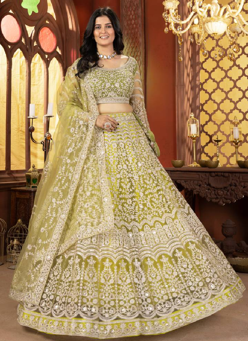 Haldi Special Lemon Yellow Sequence Embroidered Work Net Lehenga Choli