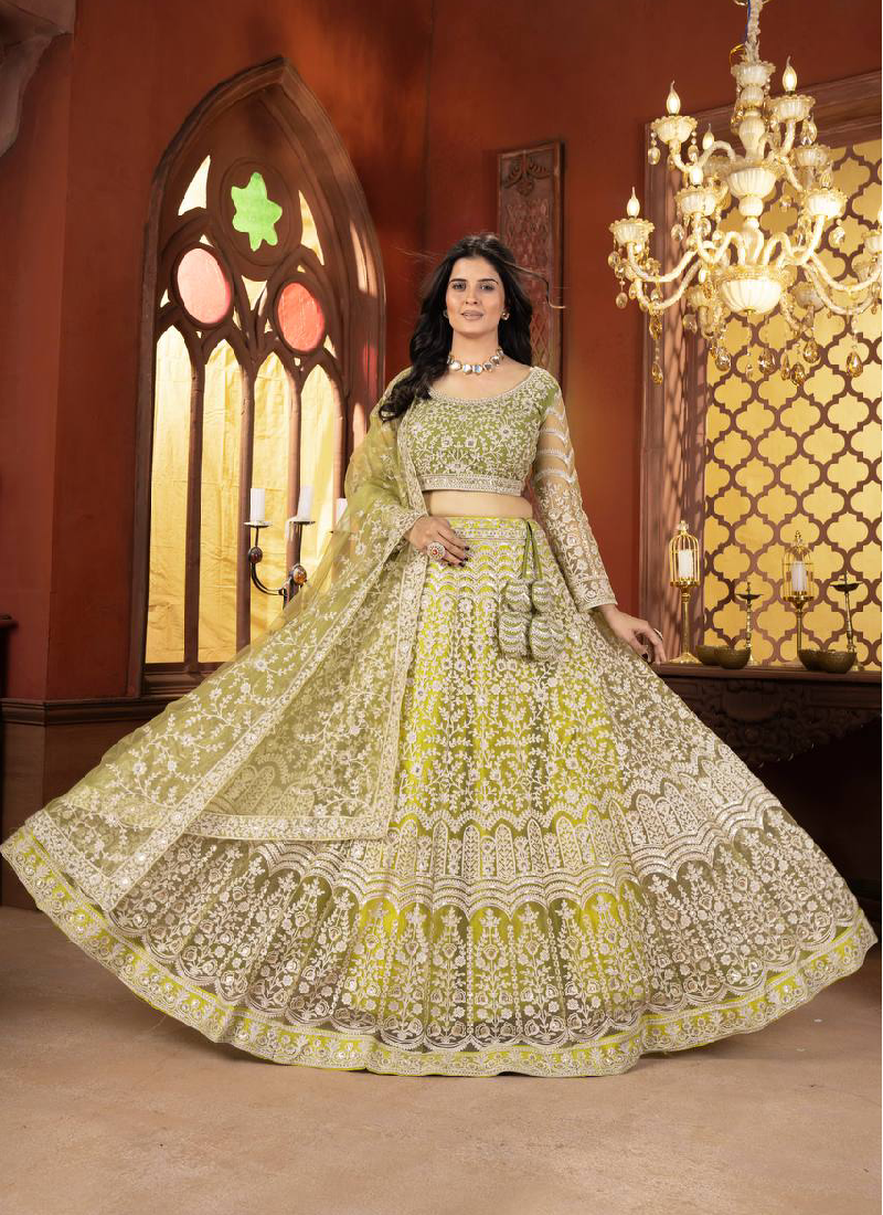 Haldi Special Lemon Yellow Sequence Embroidered Work Net Lehenga Choli
