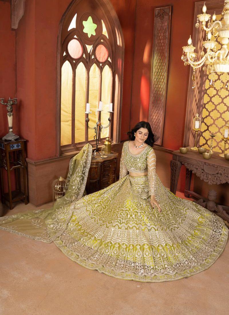 Haldi Special Lemon Yellow Sequence Embroidered Work Net Lehenga Choli