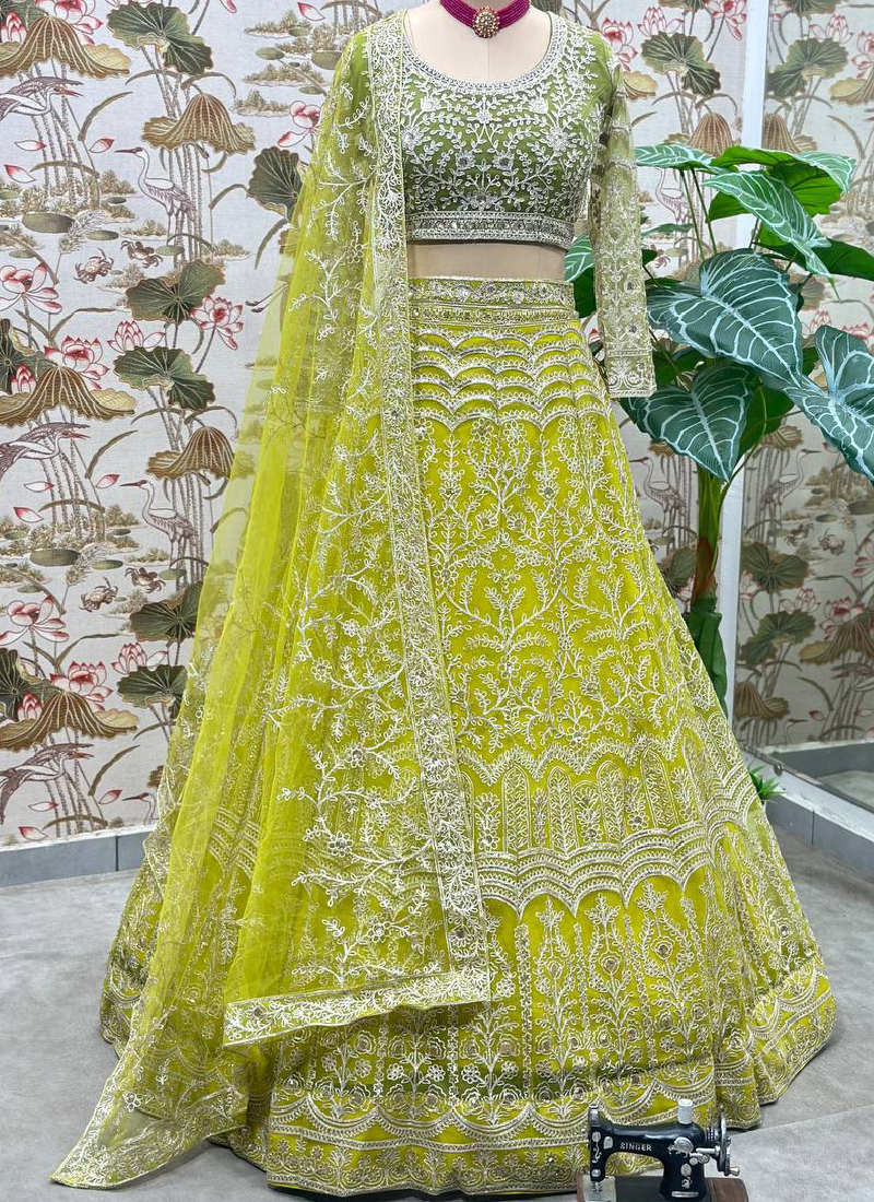 Haldi Special Lemon Yellow Sequence Embroidered Work Net Lehenga Choli