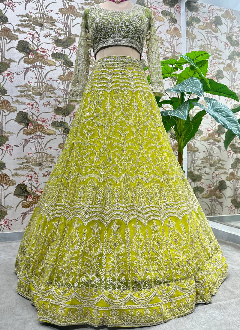Haldi Special Lemon Yellow Sequence Embroidered Work Net Lehenga Choli tapee.in Haldi Special Lemon Yellow Sequence Embroidered Work Net Lehenga Choli tapee.in