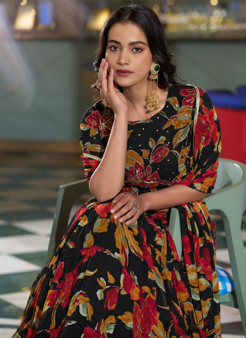 Handwork With Floral Printed Marble Silk Party Wear Black Lehenga
