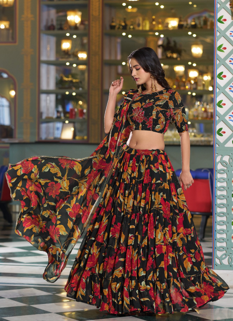 Handwork With Floral Printed Marble Silk Party Wear Black Lehenga