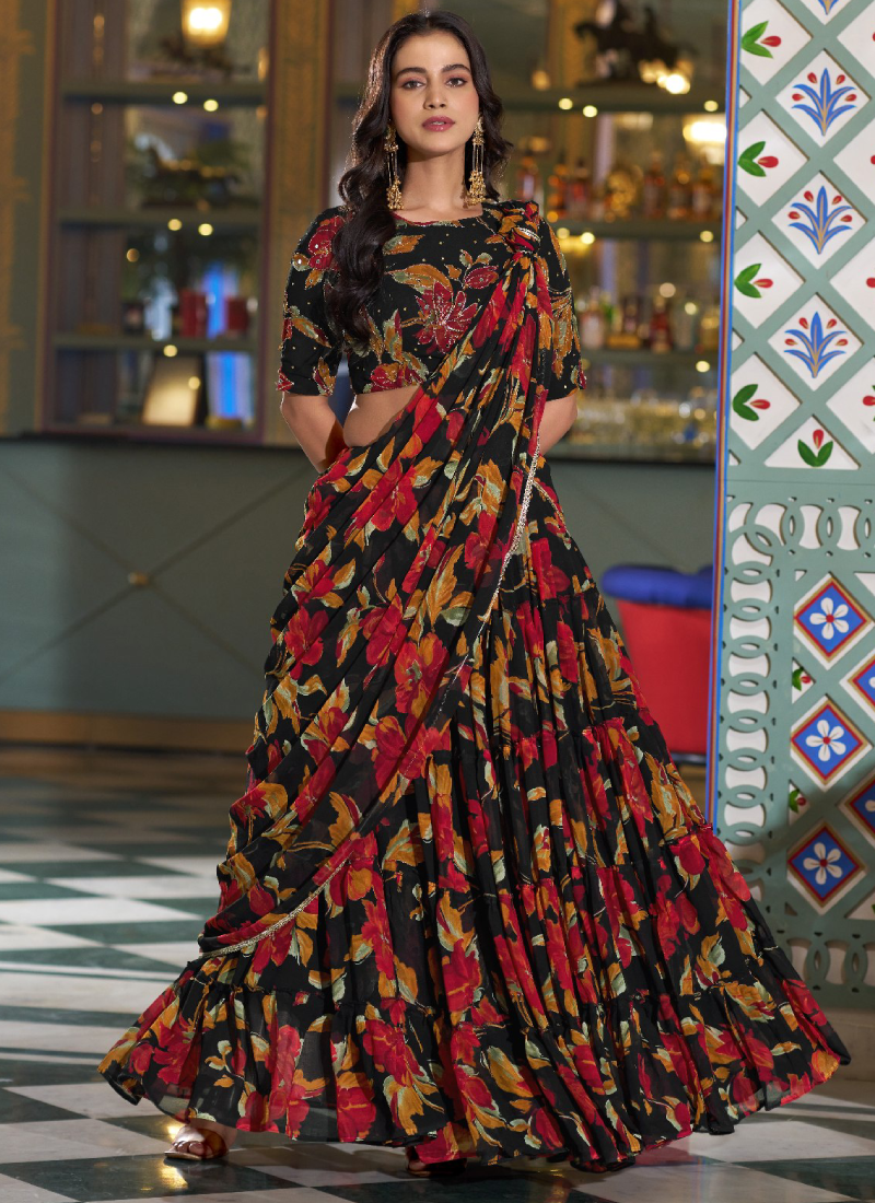 Handwork With Floral Printed Marble Silk Party Wear Black Lehenga
