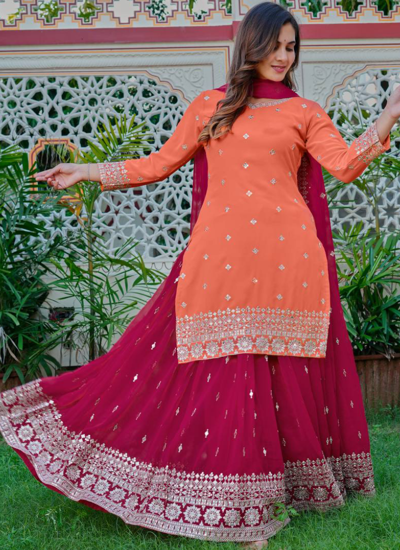 Heavy Embroidered Peach And Dark Pink Georgette Palazzo Suit Set