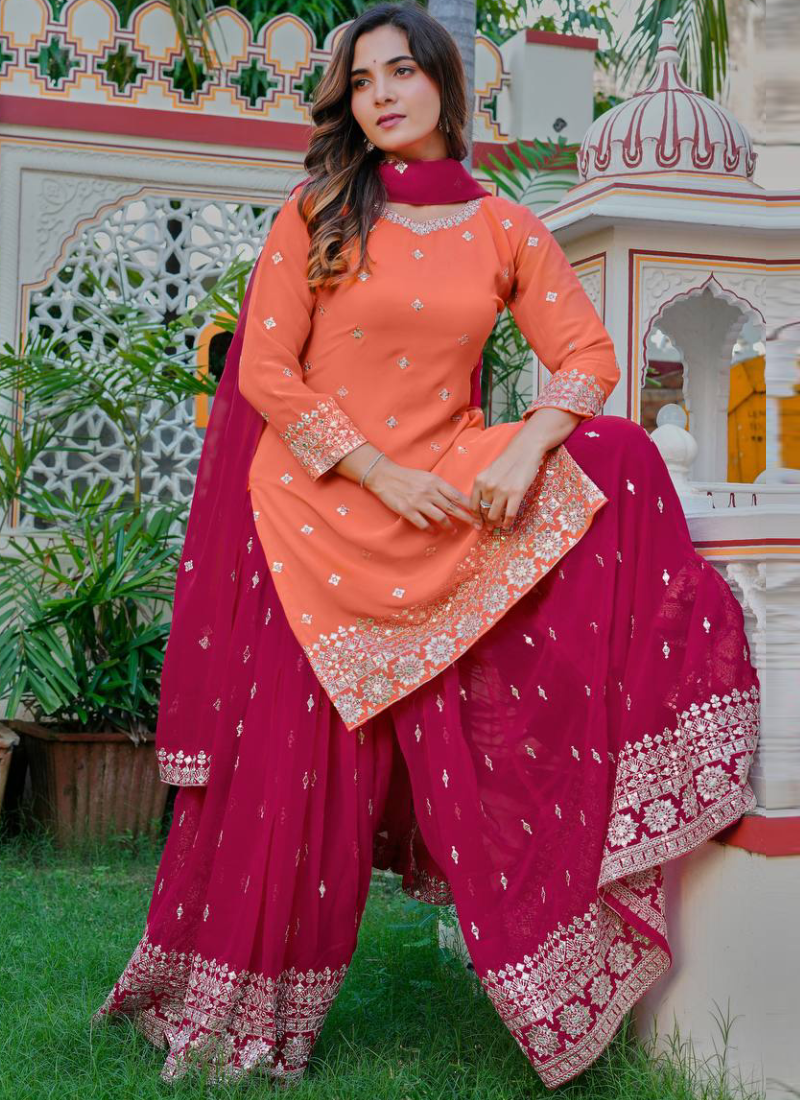 Heavy Embroidered Peach And Dark Pink Georgette Palazzo Suit Set