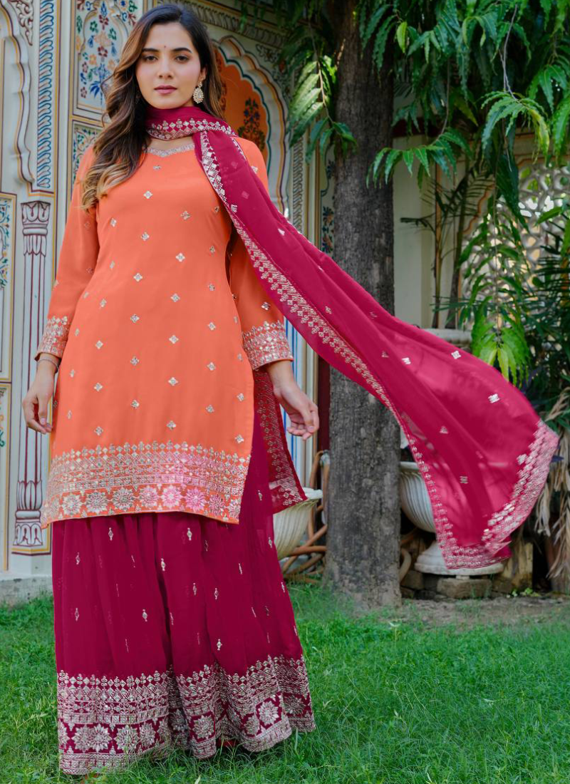 Heavy Embroidered Peach And Dark Pink Georgette Palazzo Suit Set