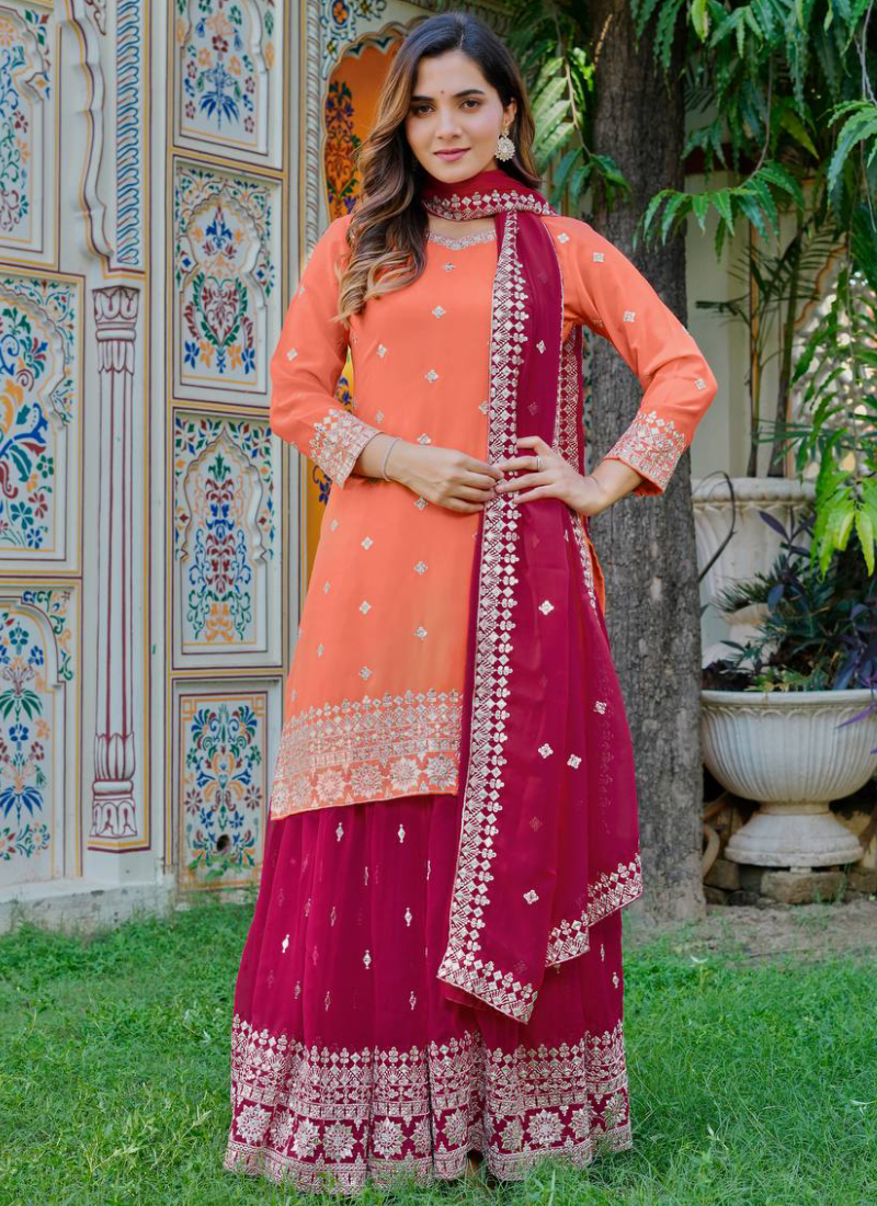 Heavy Embroidered Peach And Dark Pink Georgette Palazzo Suit Set
