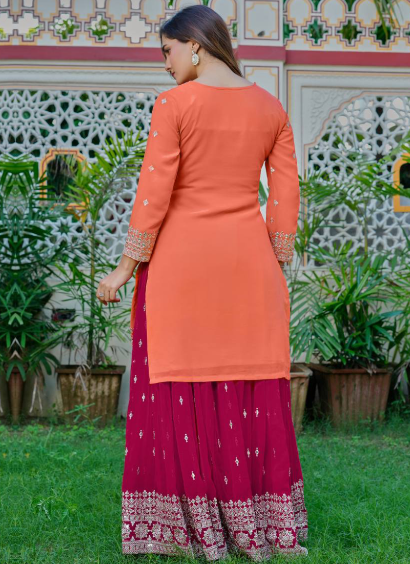 Heavy Embroidered Peach And Dark Pink Georgette Palazzo Suit Set