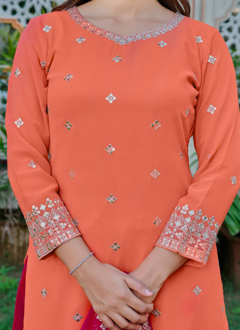 Heavy Embroidered Peach And Dark Pink Georgette Palazzo Suit Set