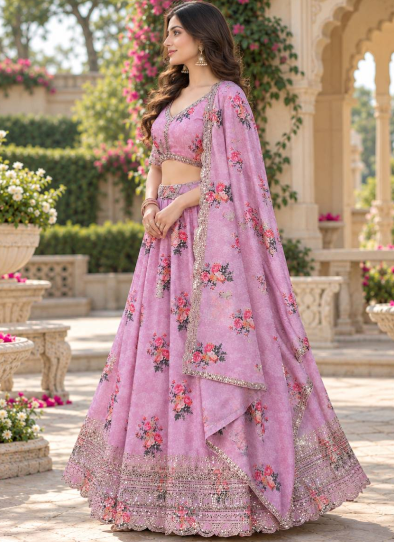 Heavy Embroidered Pink Georgette Digital Printed Lehenga For Women
