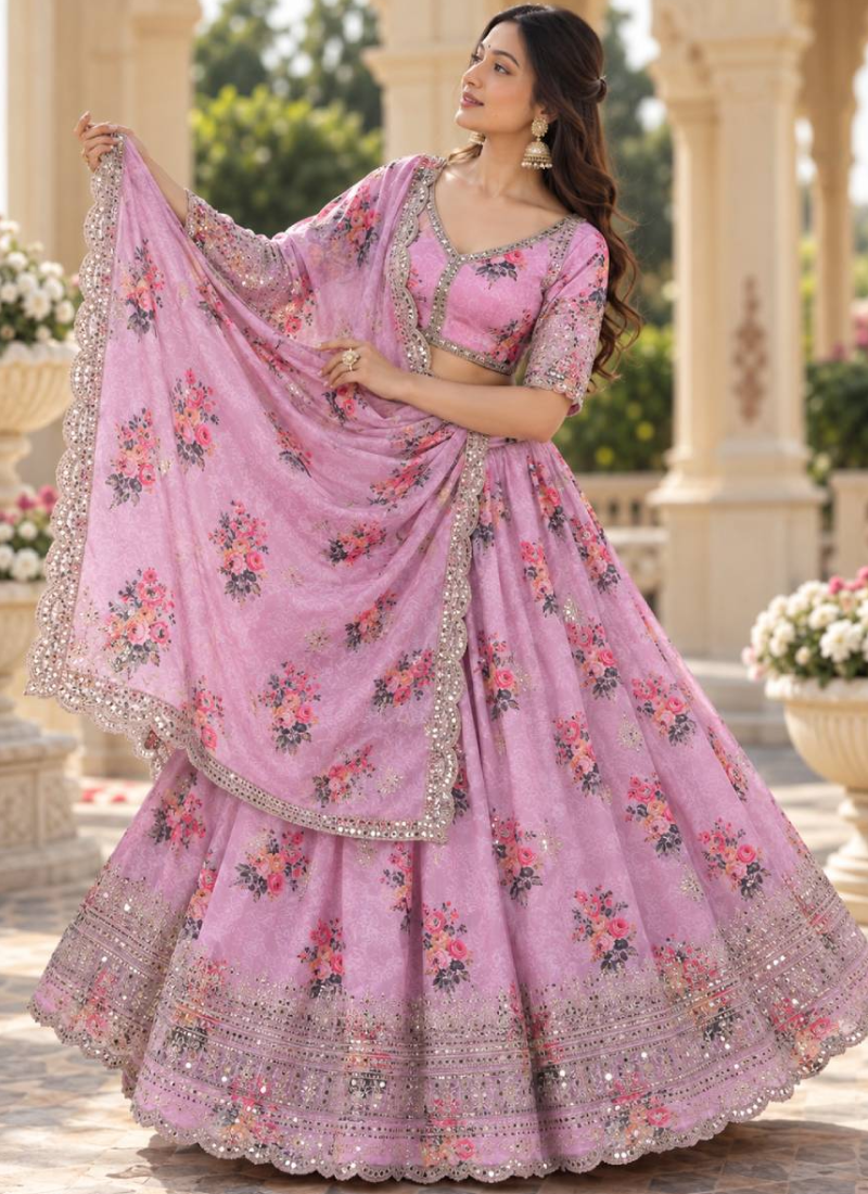 Heavy Embroidered Pink Georgette Digital Printed Lehenga For Women