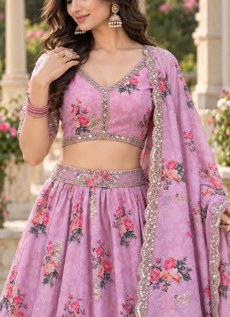 Heavy Embroidered Pink Georgette Digital Printed Lehenga For Women